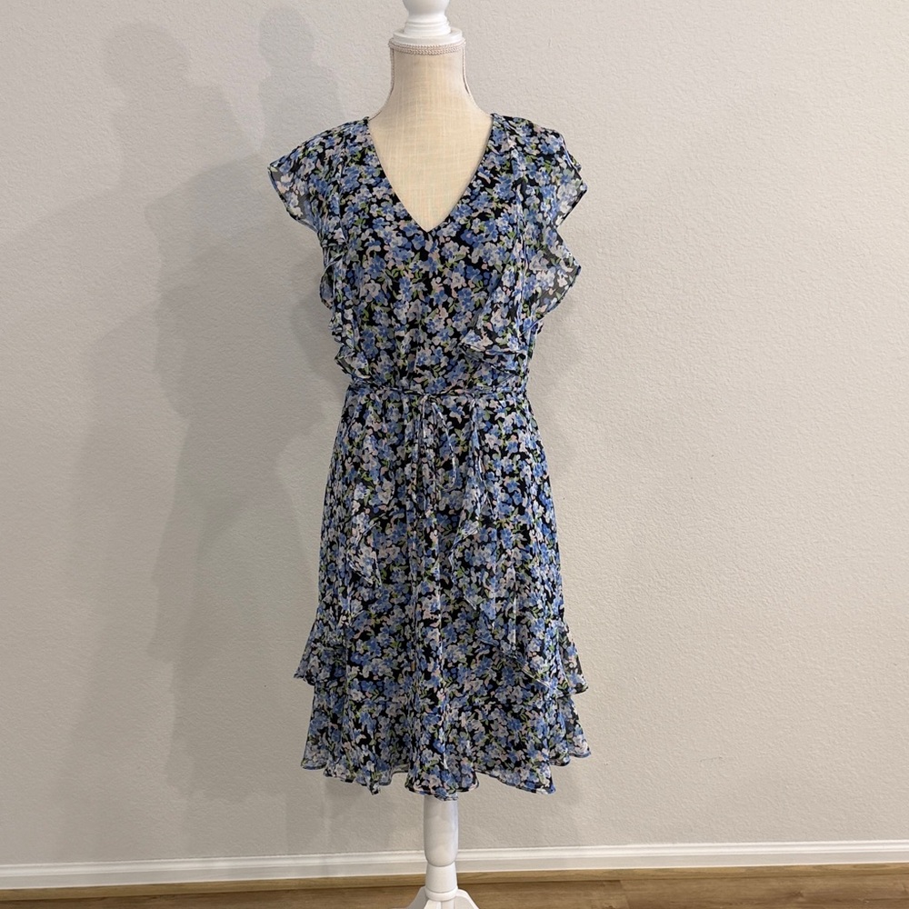 Tommy Hilfiger Blue Floral V-Neck Ruffle Midi Dress